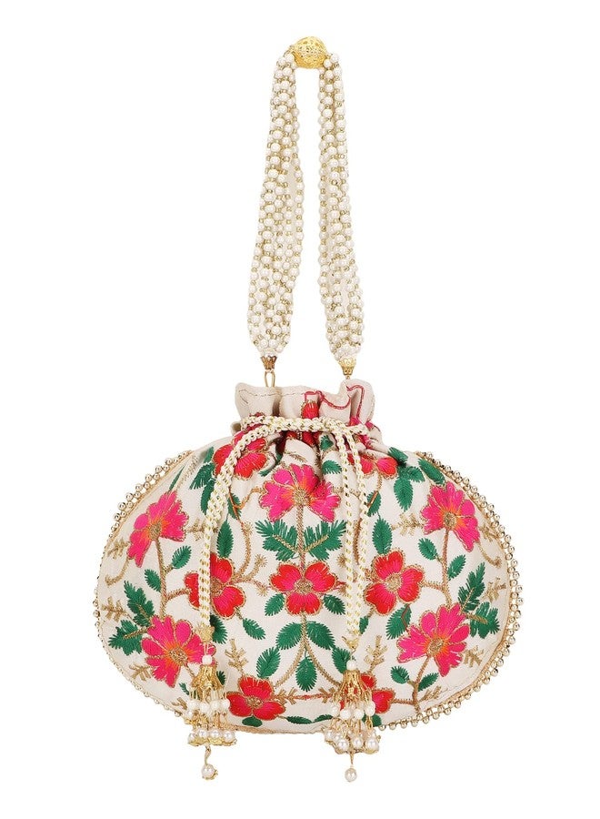 Anekaant Dangle Cream Floral Embroidered Faux Silk Potli - Image 2